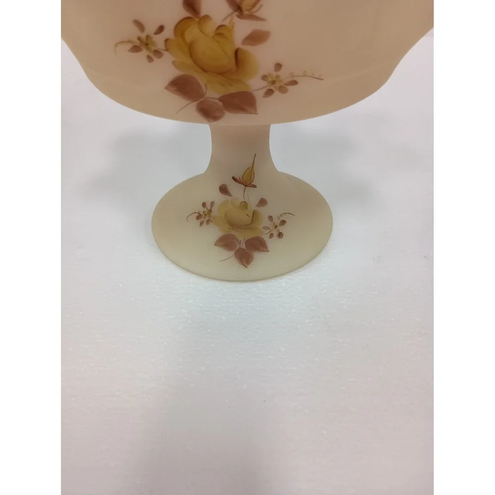 VTG Fenton Pedestal Compote Bowl Yellow Burmese Glass Hand Painted Roses